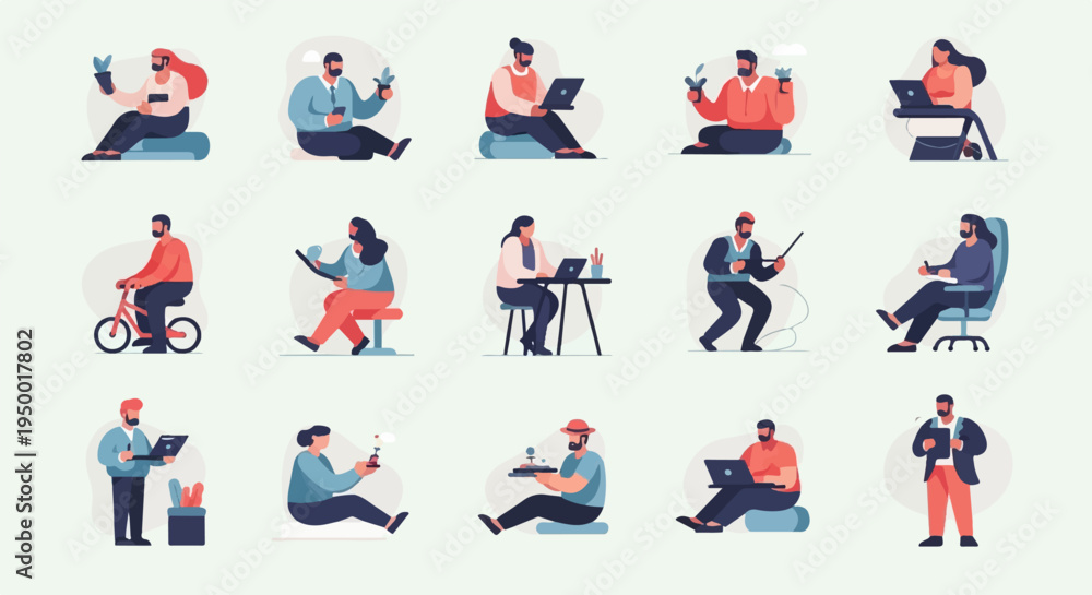 Fototapeta premium Diverse people engaged in various activities, including gardening, cycling, and working on laptops