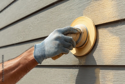 Hand with glove using a sanding tool on wood siding, preparing for painting