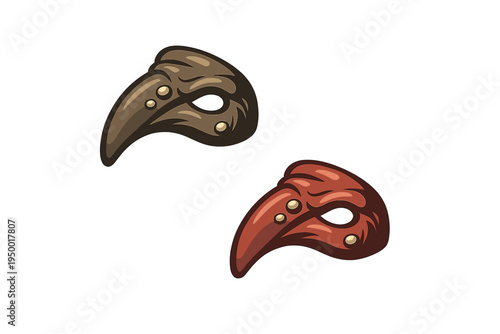Vector illustration of two stylized plague doctor masks in brown and