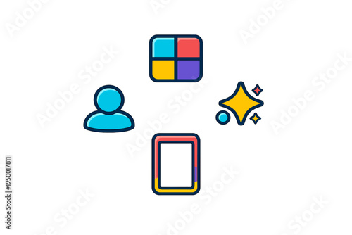 A set of four colorful flat design icons featuring a user profile, a