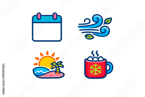 A set of four colorful vector icons featuring a calendar, swirling