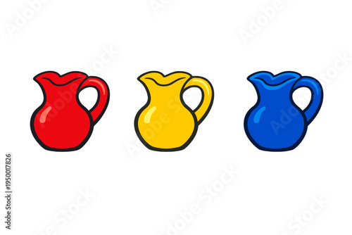 A set of three colorful cartoon pitchers in red, yellow, and blue