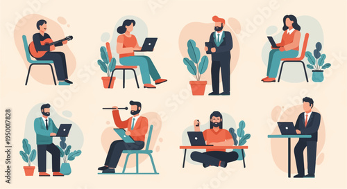 Diverse people engaged in various activities, including playing guitar, using laptops, and speaking