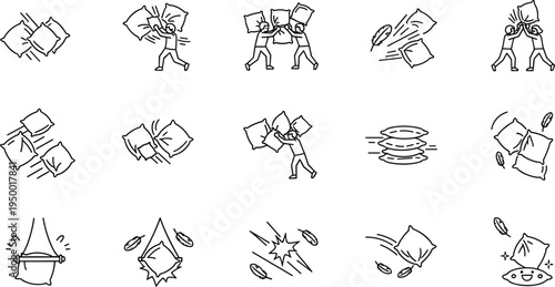 Funny pillow fight doodle icon set with flying feathers soft cushion battle vector illustration collection