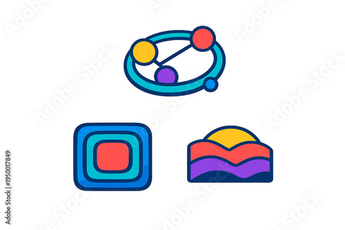 A collection of three colorful abstract icons including an orbital