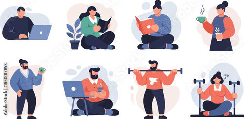 Diverse people engaged in various activities, including reading, working, exercising, and drinking