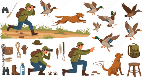 Cartoon Duck Hunting Scene Collection with Hunter Character Hunting Dog Flying Mallards Backpack Binoculars and Outdoor Gear Vector Illustration