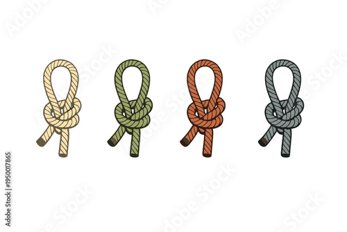 A set of four stylized rope knots in various colors including beige
