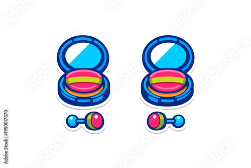 A vector illustration featuring two sets of colorful makeup compacts