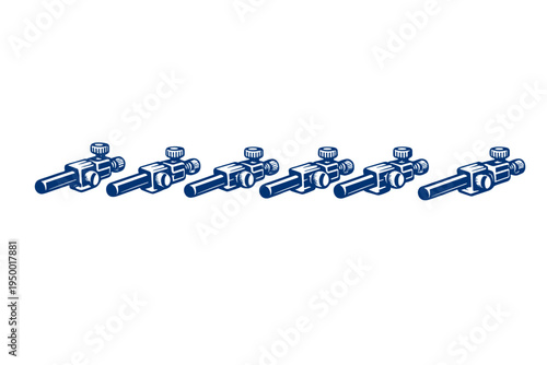 Six identical dark blue industrial valve or mechanical regulator