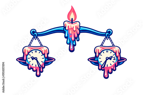 A surreal vector illustration of a blue balance scale featuring a lit