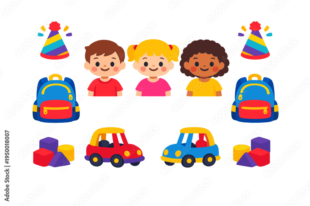 Naklejka premium Vector set featuring diverse happy kids, school backpacks, colorful