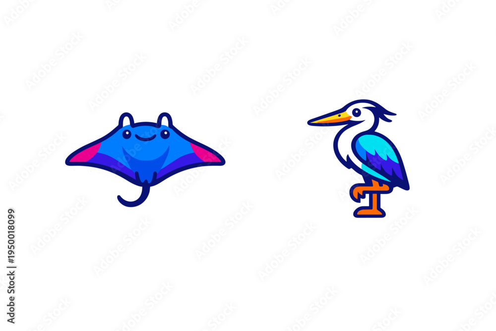 Obraz premium A set of two colorful vector stickers featuring a cute smiling manta