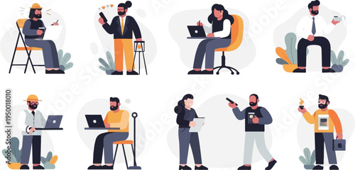 Diverse people engaged in various activities, including working and holding objects