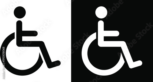Accessibility wheelchair icons in outlined and solid black design, symbolizing inclusivity, disability access, universal signage, and modern graphic art concept illustration.