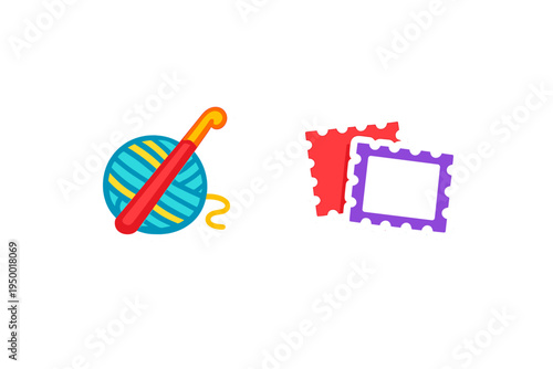 A collection of flat vector stickers featuring a blue ball of yarn