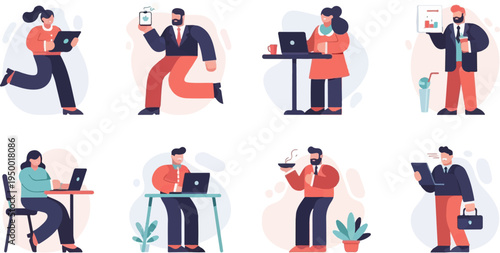 Diverse people engaged in various office tasks and leisure activities