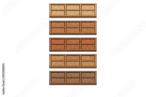 A set of five vector illustrations showing sections of a mud wall