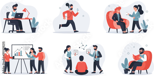 Diverse people engaged in various professional and leisure activities in separate scenes