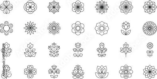 Geometric floral flower line icon collection with botanical blossom decorative vector illustration set for design elements