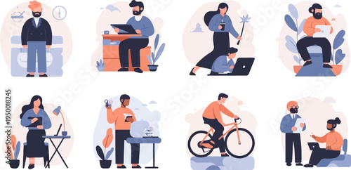 Diverse people engaged in various professional and personal activities indoors and outdoors