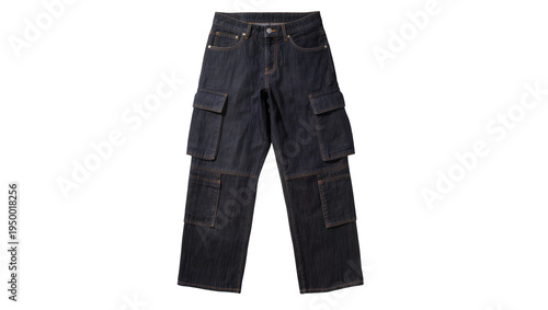 Isolated fashionable dark blue denim cargo jeans with numerous large utility pockets