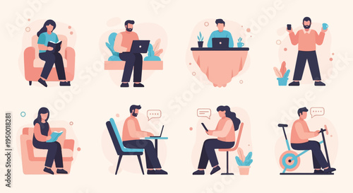 Diverse people engaged in various relaxing and productive activities indoors