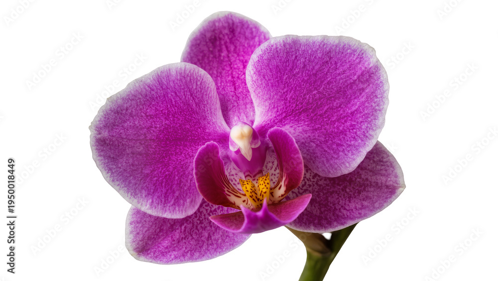 Fototapeta premium Isolated vibrant purple orchid flower, elegant delicate bloom with intricate petals and lush green stem