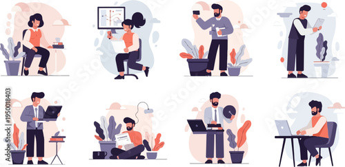 Diverse people engaged in various work activities, with plants and abstract shapes