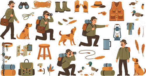 Cartoon Hunter Character Collection with Dog Binoculars Backpack Boots Birds Lantern Camping Gear and Outdoor Adventure Equipment Vector Illustration