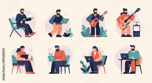 Diverse people engaged in various activities working, playing music, and relaxing