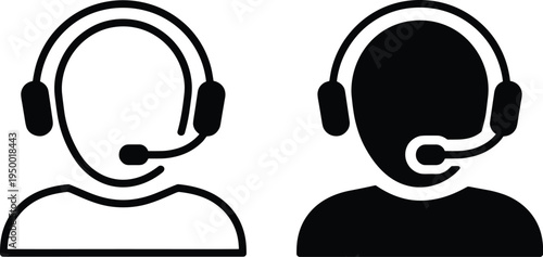 Customer service representative icon set with headset, minimalist black and white line art and solid silhouette vector illustration for call center support and communication.