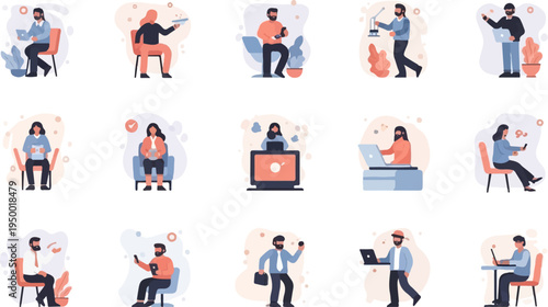 Diverse people engaged in various work and leisure activities, many with devices