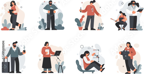 Diverse people engaged in various work and leisure activities with simple illustrations