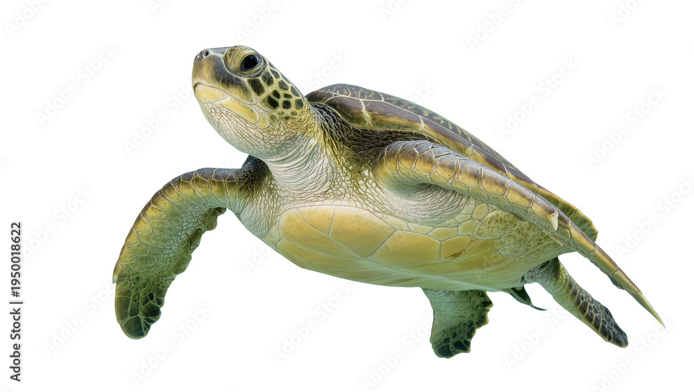 Obraz premium Isolated majestic green sea turtle swimming gracefully through water, natural marine life