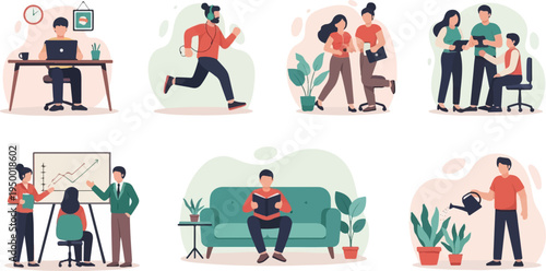 Diverse people engaged in various work, leisure, and home activities