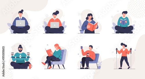 Flat design illustrations of people engaged in reading, working, and leisure activities