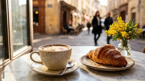 Outdoor cafe table featuring cappuccino in white cup and golden croissant on plate. Vase of yellow flowers adds charm beside window. Blurred European street with pedestrians in background. Relaxed