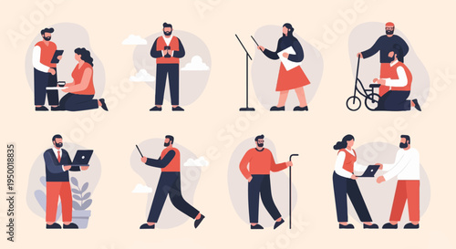 Diverse people interacting in various settings, conveying collaboration, assistance, and work