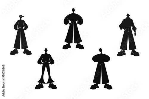 Abstract Human Silhouettes: A collection of stylish black silhouettes representing individuals, each exhibiting unique poses and fashion sense, rendered in a modern art style.