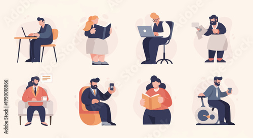 Diverse people engaged in various activities working, reading, and exercising (1)