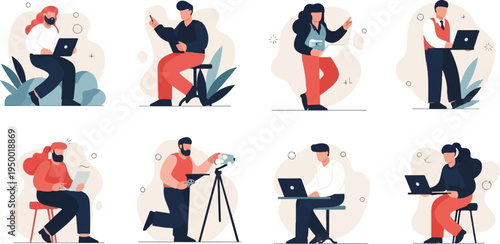 Diverse people interacting with technology and engaged in creative pursuits