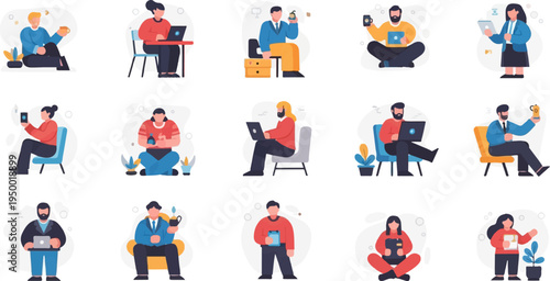 Diverse people interacting with technology and enjoying leisure activities