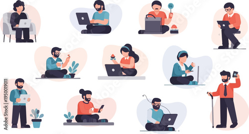 Diverse people using laptops and devices, some with snacks and drinks