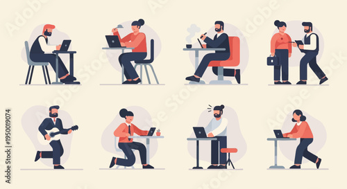 Diverse people engaging in various activities at desks and tables