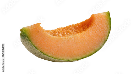 Isolated single ripe fresh juicy cantaloupe melon slice with a bite taken out and seeds