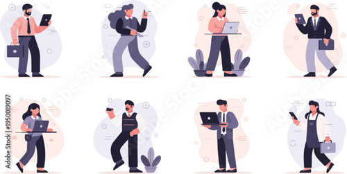 Diverse people in stylish attire, engrossed in their digital devices for work