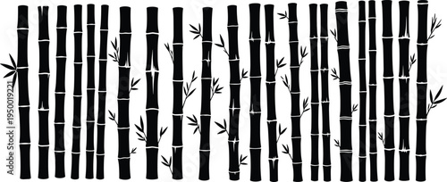 Black bamboo silhouette set, vector illustration of bamboo stalks and leaves, isolated on white background for zen, spa, or Asian designs.