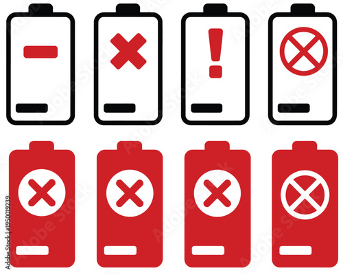 Battery, error warning icon with power alert symbol, low charge and device malfunction indicator, clean modern flat vector illustration for mobile apps, technology dashboards, and user interface 