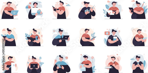 Diverse people engaged in various modern activities with digital devices